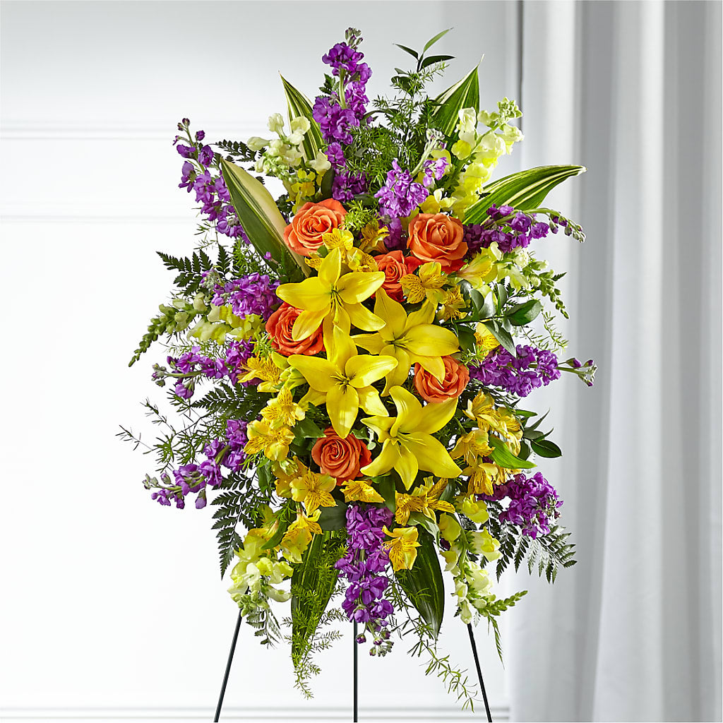 Thoughtful Prayers Standing Spray – Yellow Flower Dream, Surprise AZ