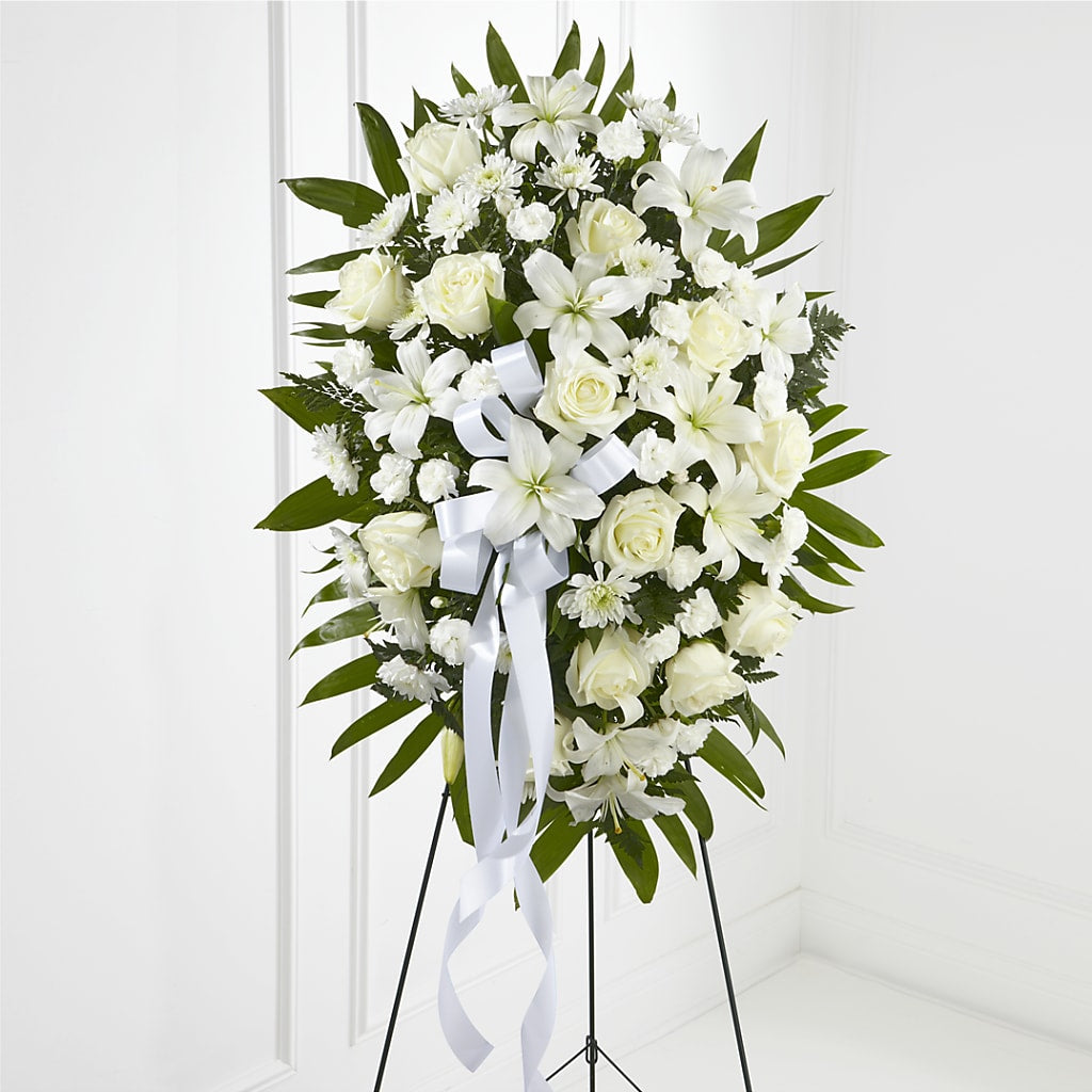 Exquisite Tribute Standing Spray-White Ribbon – Yellow Flower Dream, Surprise AZ