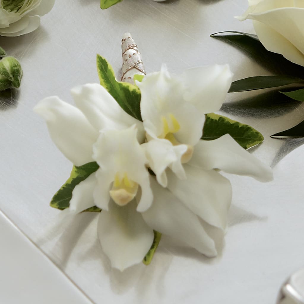 White Mini Cymbidium Boutonniere – Yellow Flower Dream, Surprise AZ