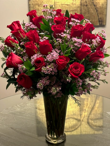 24 stem red roses and pink wax flowers –  Yellow Flower Dream, Surprise AZ