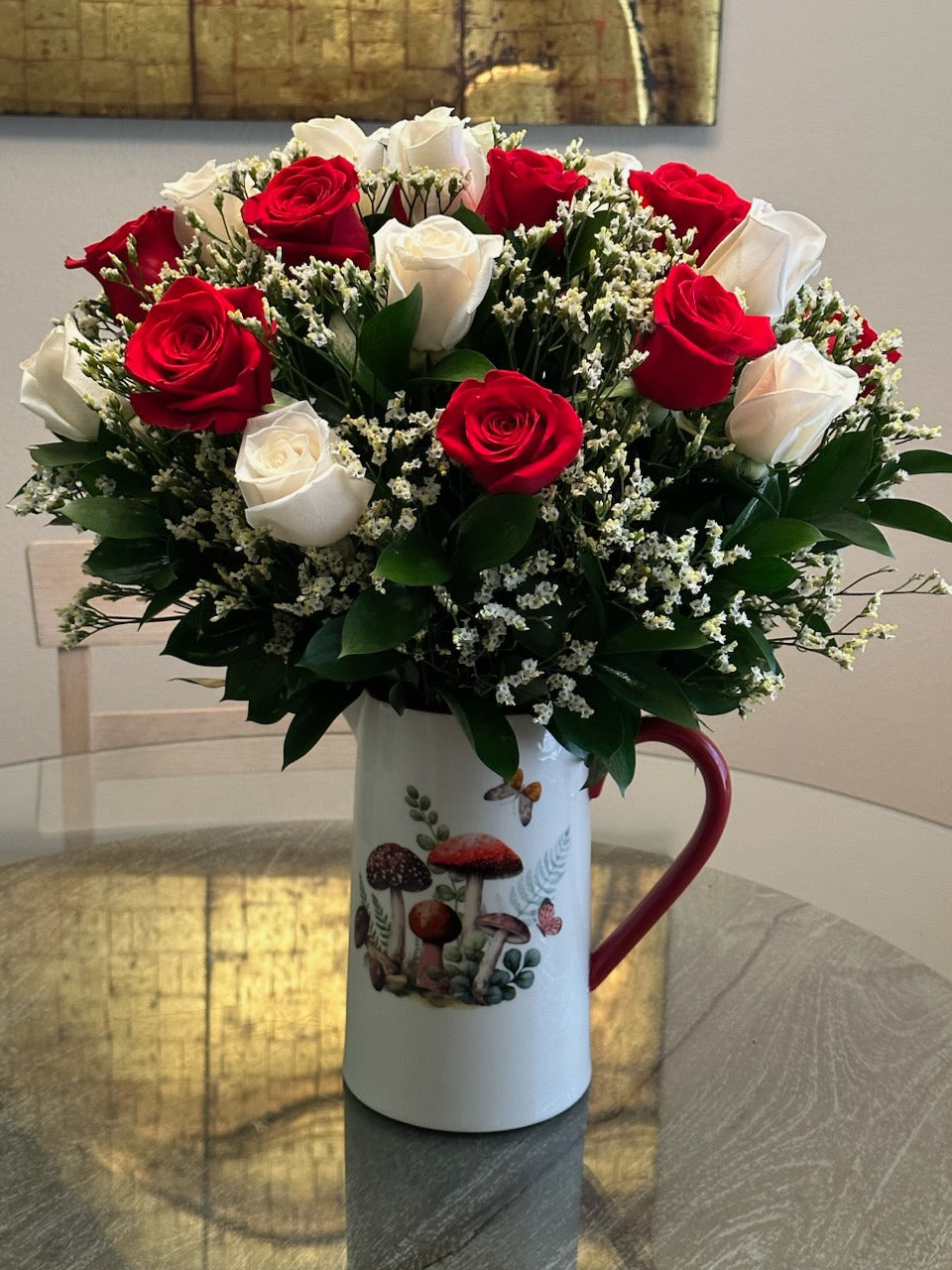 24 Stem Red& white roses designed by unique ceramic vase